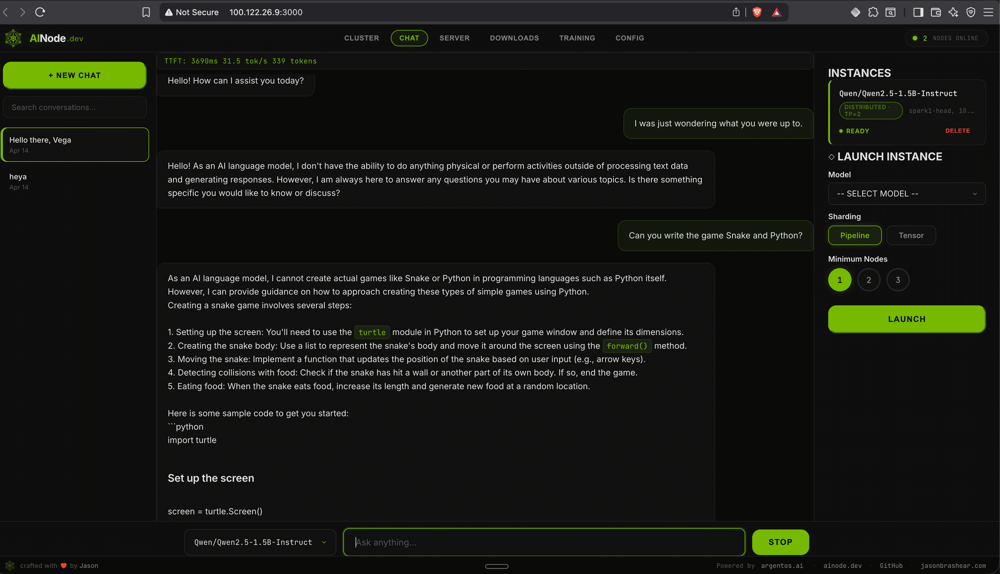 AINode chat UI streaming a response from a locally hosted model