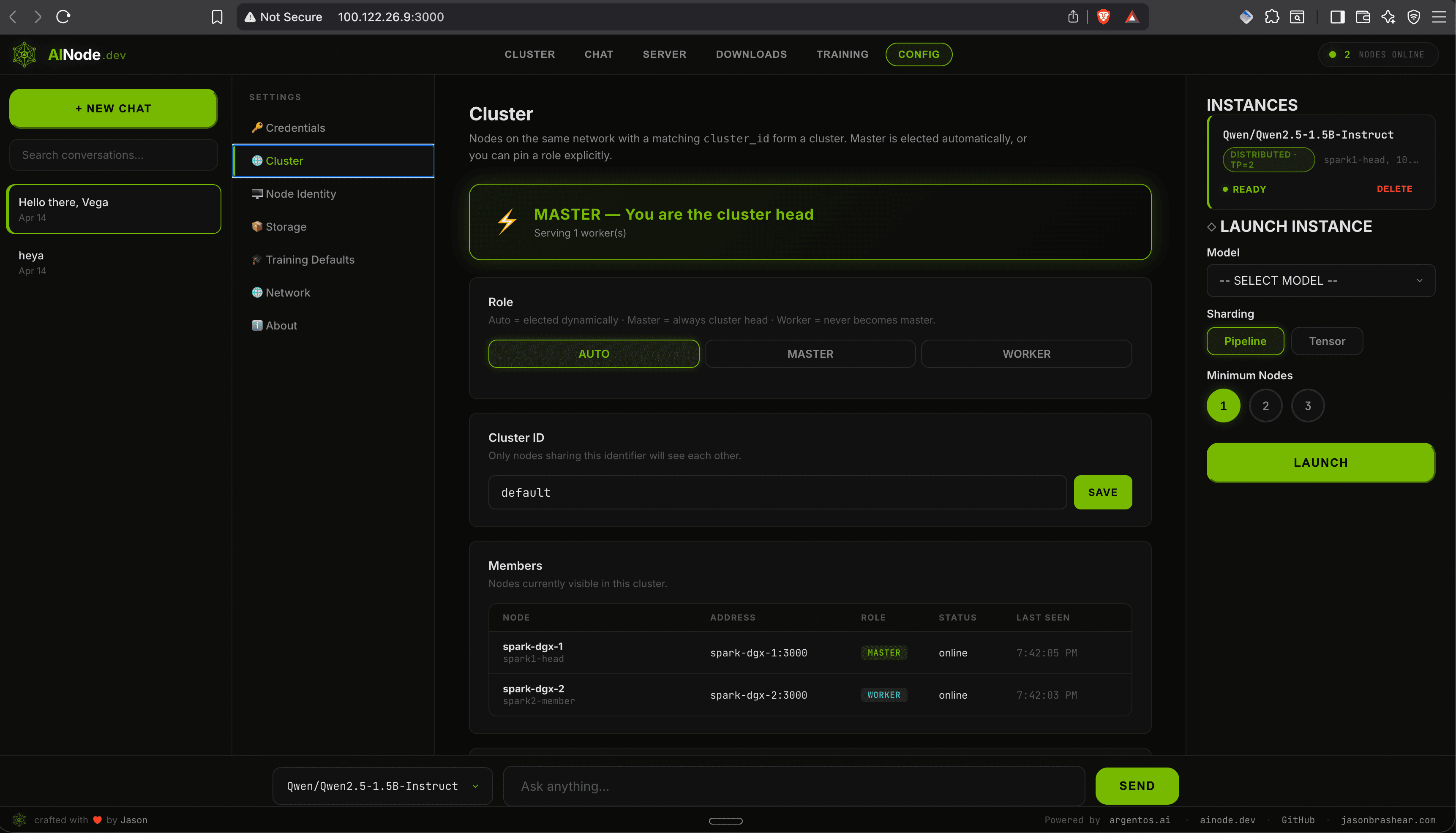 AINode cluster configuration screen showing tensor parallel and minimum node settings