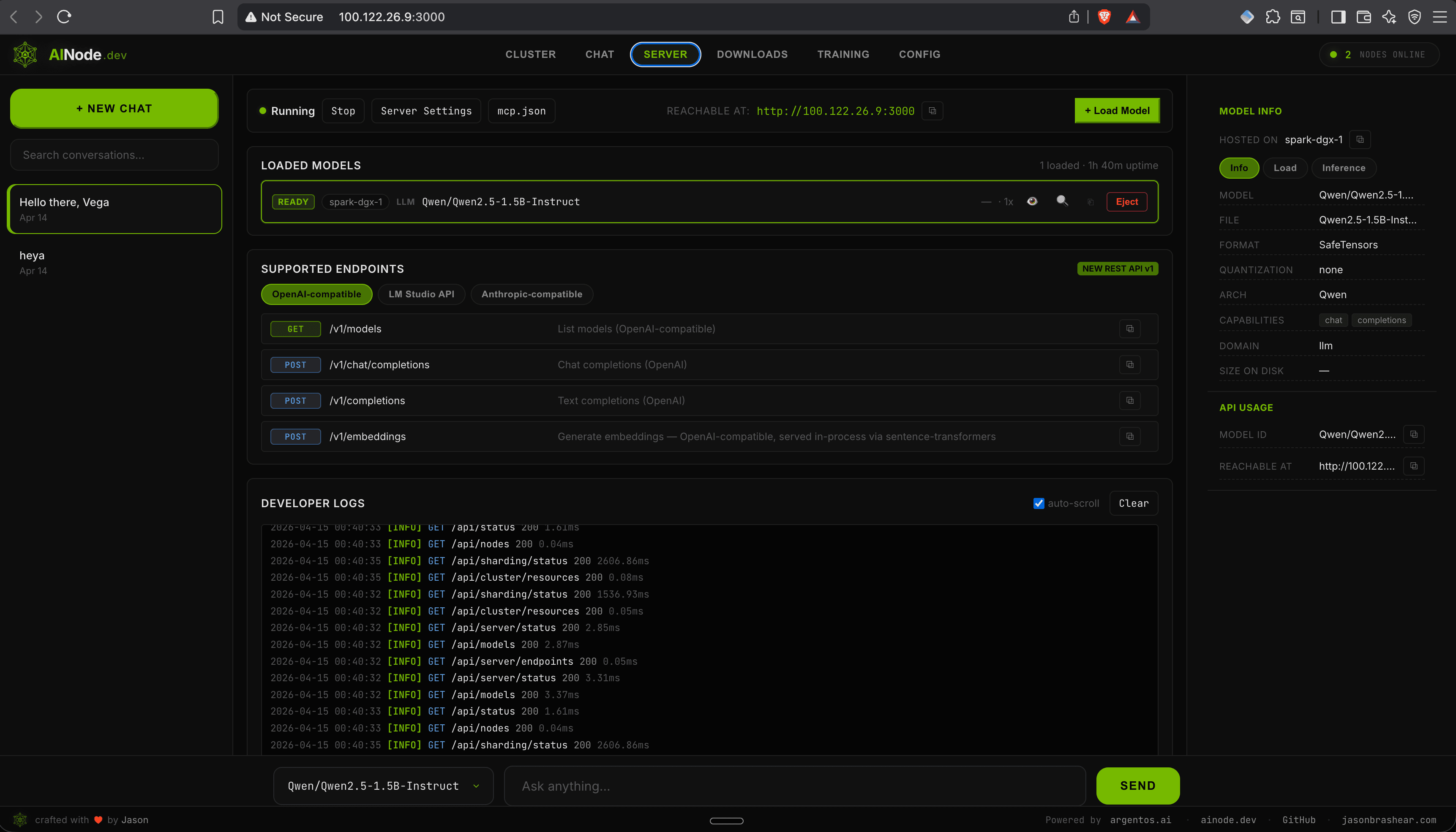 AINode server API console with live request logs